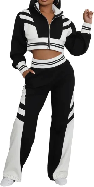 KANSOON Women Two Piece Sweat Suits Sets Color Block Crop Sweatshirt Jacket Wide Leg Sweatpants Joggers Track Outfits