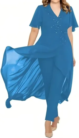 Lace Chiffon Mother of The Bride Pantsuits 2 Pieces Formal Pants Suits V Neck Mother of The Bride Dress