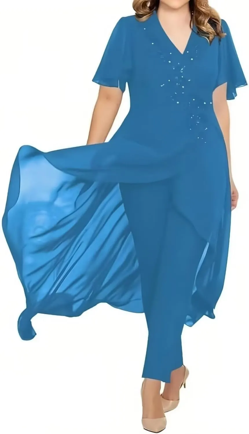Lace Chiffon Mother of The Bride Pantsuits 2 Pieces Formal Pants Suits V Neck Mother of The Bride Dress