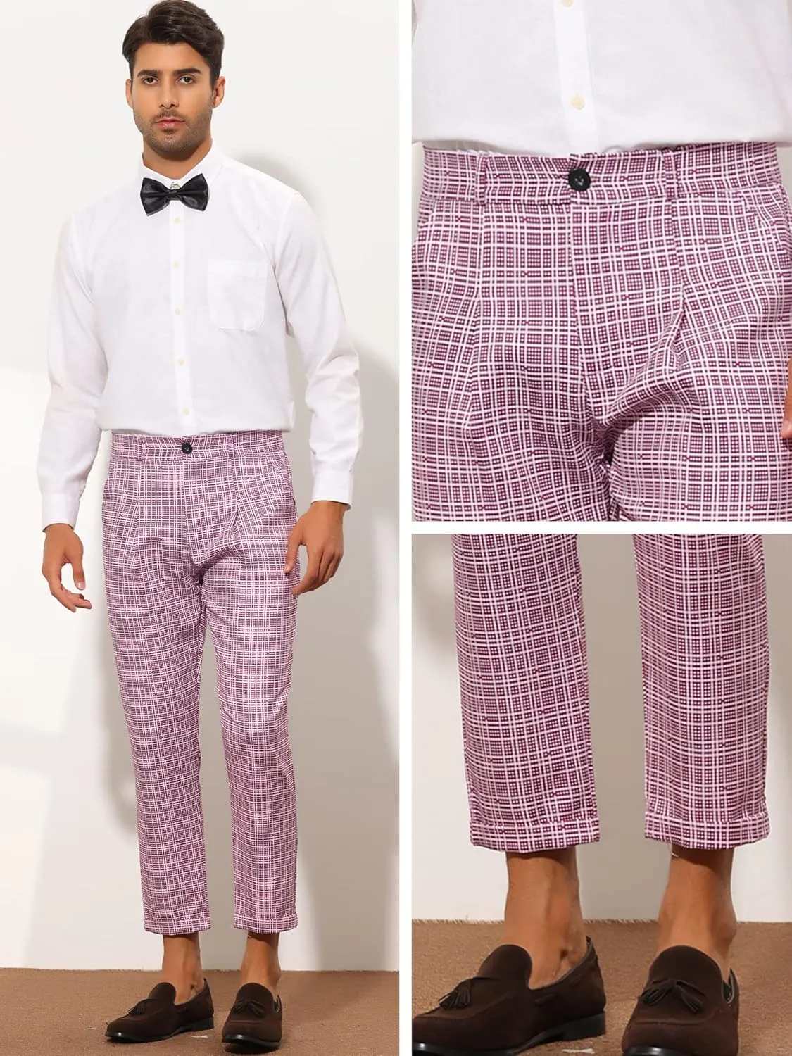 Lars Amadeus Plaid Cropped Pants for Men's Slim Fit Business Dress Pants Checked Slacks