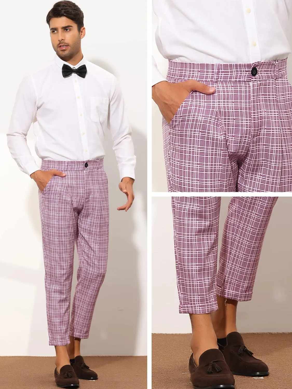 Lars Amadeus Plaid Cropped Pants for Men's Slim Fit Business Dress Pants Checked Slacks