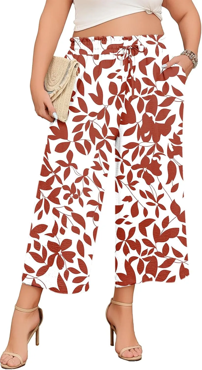 Lastshe Women's Plus Size Wide Leg Capri Pants Loose High Waist Lounge Pants Drawstring Casual Palazzo Trousers with Pockets