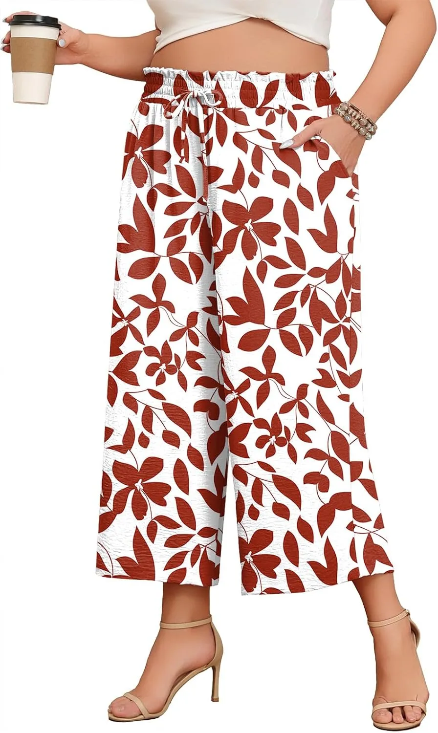 Lastshe Women's Plus Size Wide Leg Capri Pants Loose High Waist Lounge Pants Drawstring Casual Palazzo Trousers with Pockets