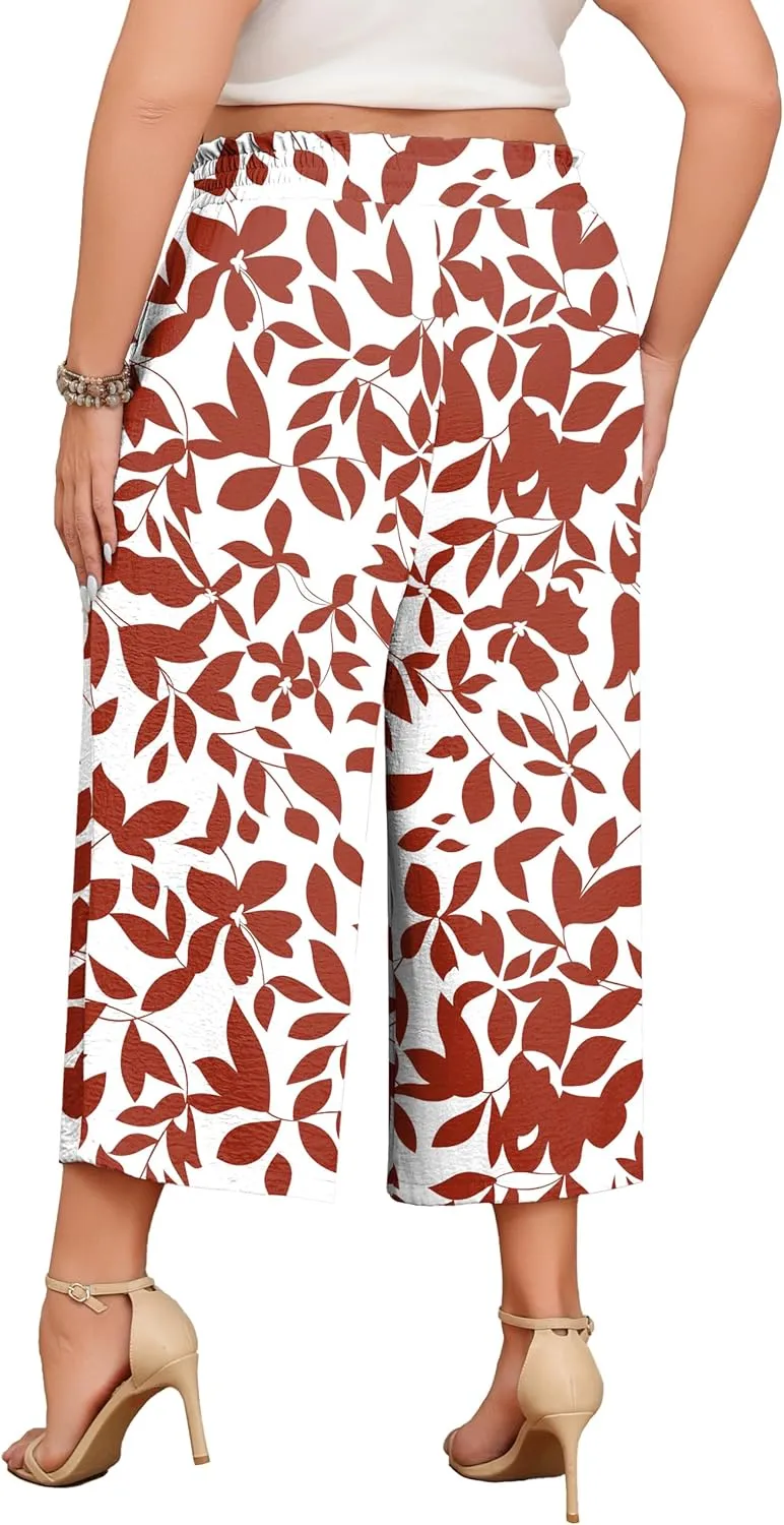 Lastshe Women's Plus Size Wide Leg Capri Pants Loose High Waist Lounge Pants Drawstring Casual Palazzo Trousers with Pockets