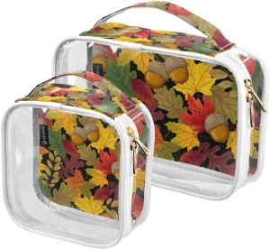 Leaves-walnut Print 2 Pack Clear Toiletry Bag Women Men, Portable Waterproof Clear Pouch, Cosmetic Bag with Double Zippers Large Opening Traveling with Handle for Bathroom Traveling Vacation Organizin