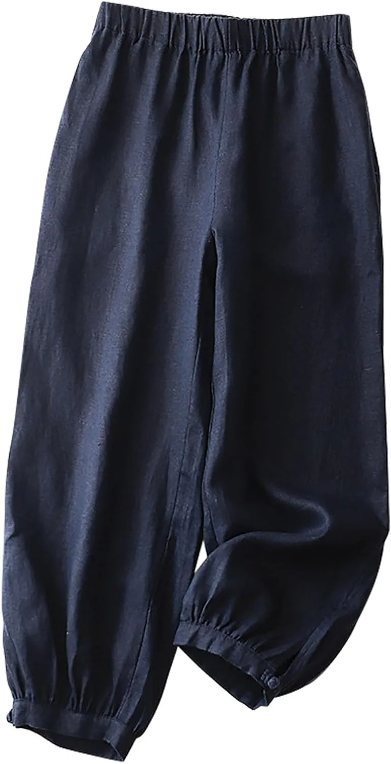 Linen Pants Women Elastic Waist Baggy Trousers Casual Loose Fit Herem Pants with Pockets Ladies Summer Clothes 2025