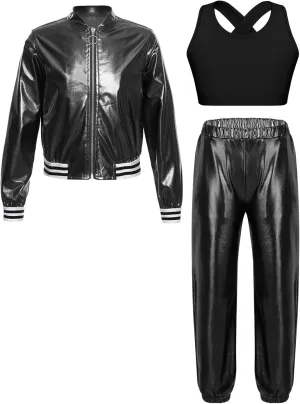 Linjinx Kids Girls Shiny Metallic Street Hip Hop Dance Costume Long Sleeve Bomber Jacket Vest Top with Harem Pants Set