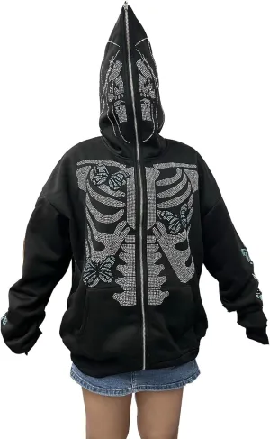 lisenraIn Unisex Men Women Halloween Hoodie Graphic Zip Up Sweatshirt Y2K Oversized Long Sleeve Rhinestone Skeleton Jacket