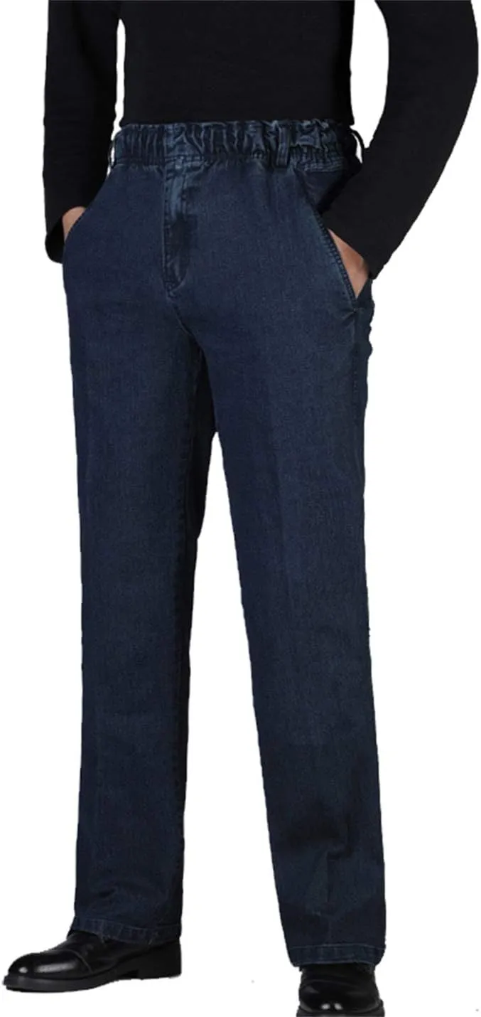 Locachy Men's Elastic Waist Denim Pants Casual Loose Straight Jeans