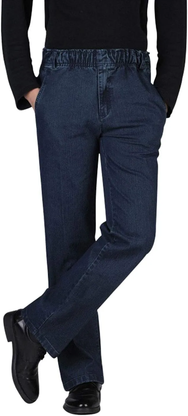 Locachy Men's Elastic Waist Denim Pants Casual Loose Straight Jeans