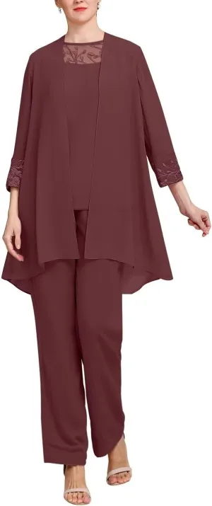 Long Sleeves 3 Pieces Mother of The Bride Pant Suits Sets Wedding Guest Lace with Jacket