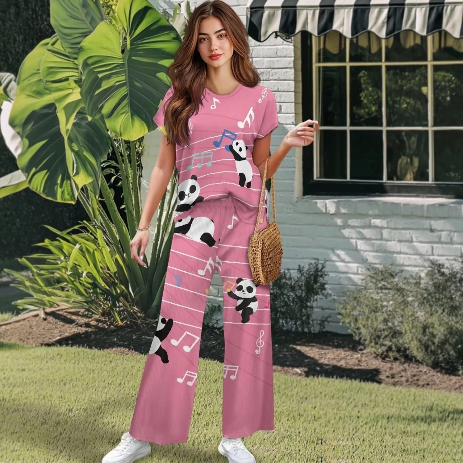 Lounge Set Crewneck Pajama Set for Women Plus Size Casual Short Sleeve T Shirt Top with Wide Leg Pants Set Trousers