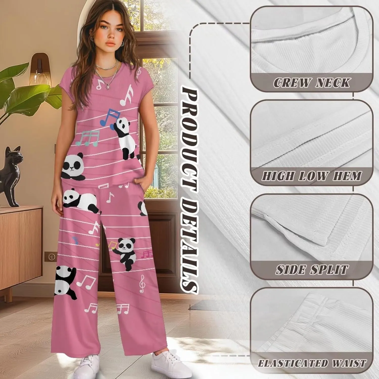Lounge Set Crewneck Pajama Set for Women Plus Size Casual Short Sleeve T Shirt Top with Wide Leg Pants Set Trousers