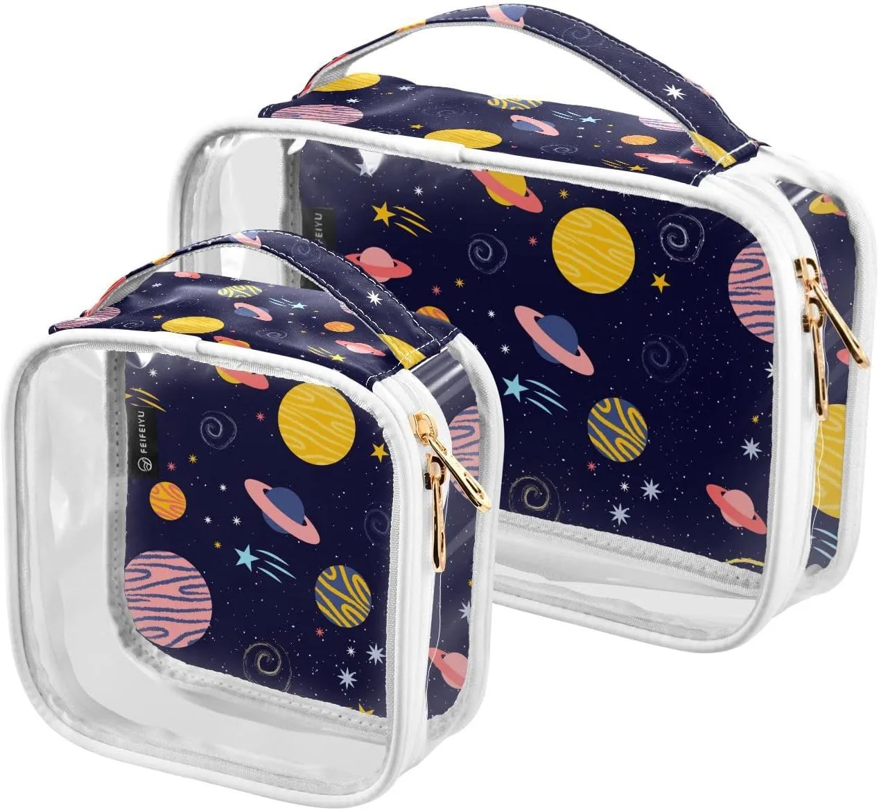 Lovely-galaxys-pattern 2 Pack Clear Toiletry Bag Women Men, Portable Waterproof Clear Pouch, Cosmetic Bag with Double Zippers Large Opening Traveling with Handle for Bathroom Traveling Vacation Organi