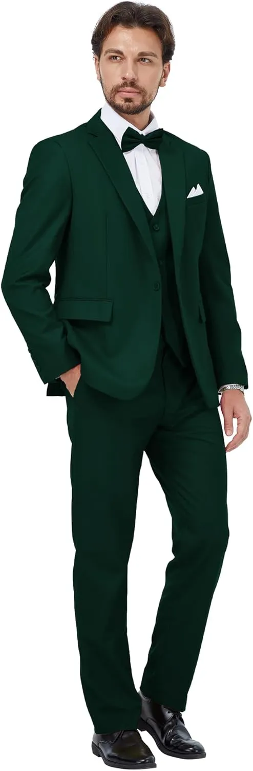 MAGE MALE Mens 3 Piece Suits Slim Fit Tuxedo Suit Set Soild Prom Wedding Suits One Button Blazer Vest Pants Set with Bow Tie