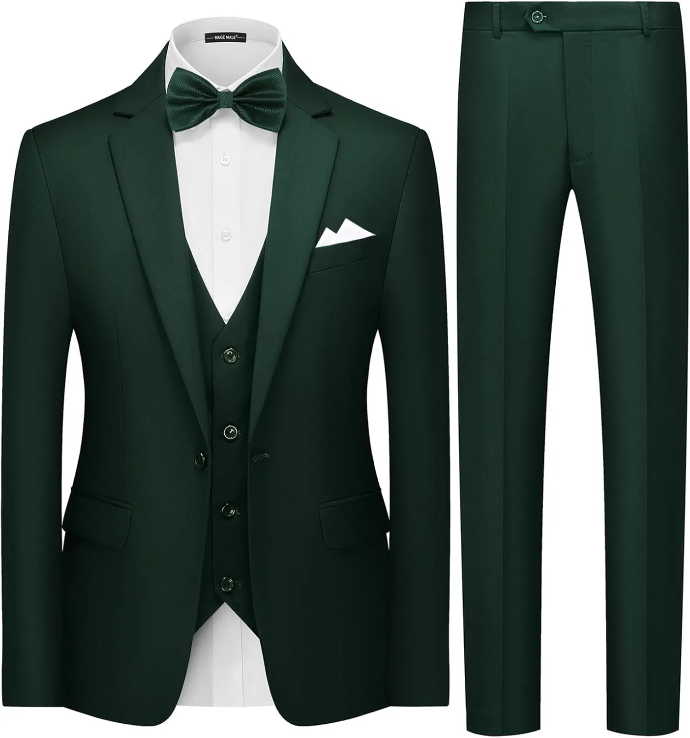 MAGE MALE Mens 3 Piece Suits Slim Fit Tuxedo Suit Set Soild Prom Wedding Suits One Button Blazer Vest Pants Set with Bow Tie