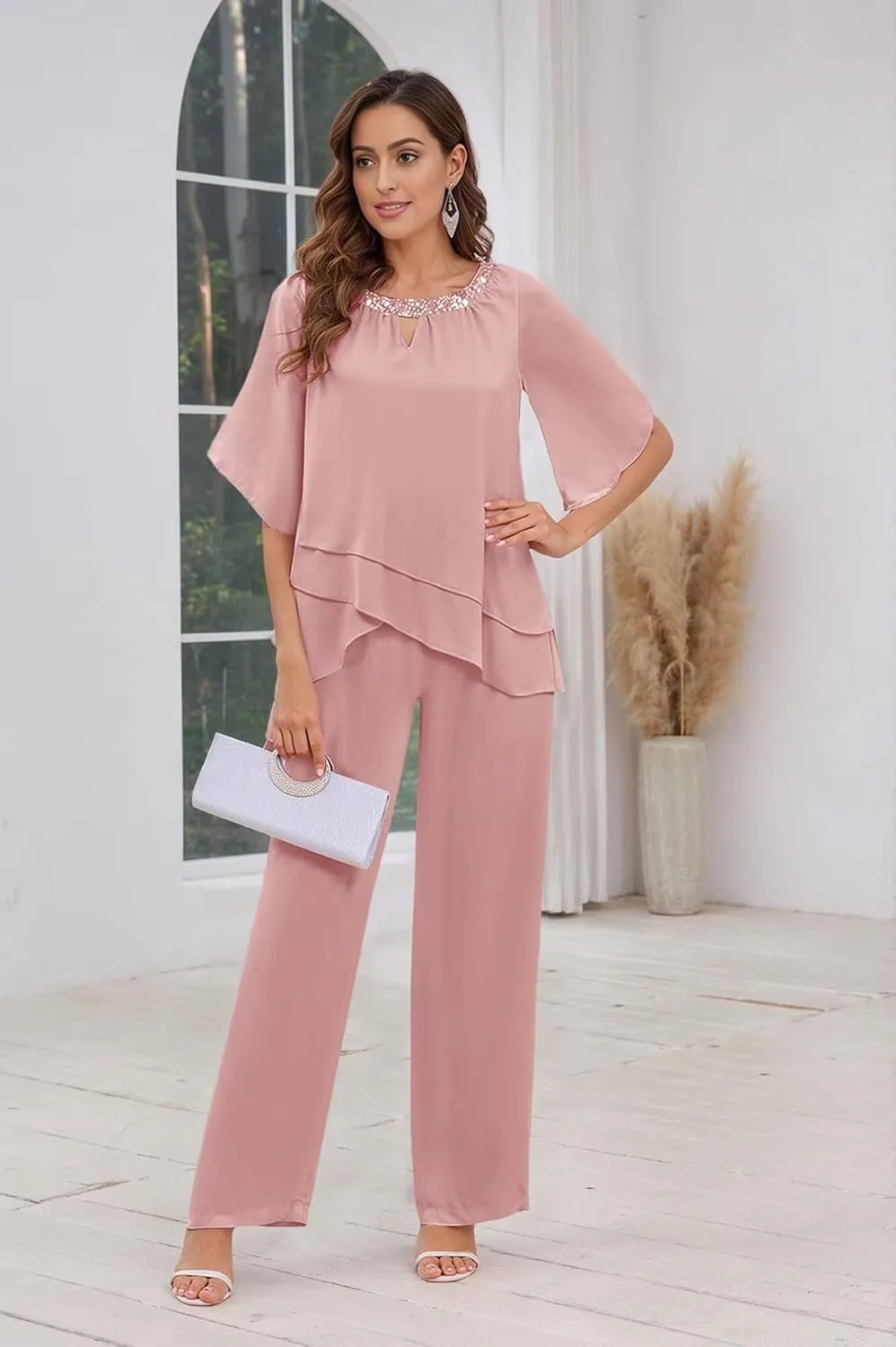 MAGGCIF 2 Pieces Mother of The Bride Pant Suits for Women Dressy Sets Ruffle Layers Chiffon Formal Wedding Guest Outfit