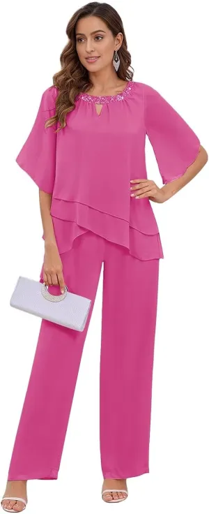 MAGGCIF 2 Pieces Mother of The Bride Pant Suits for Women Dressy Sets Ruffle Layers Chiffon Formal Wedding Guest Outfit