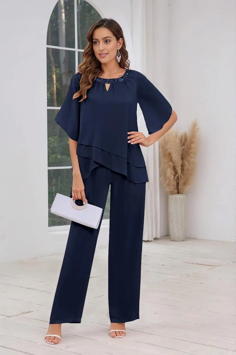 MAGGCIF 2 Pieces Mother of The Bride Pant Suits for Women Dressy Sets Ruffle Layers Chiffon Formal Wedding Guest Outfit
