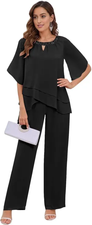 MAGGCIF 2 Pieces Mother of The Bride Pant Suits for Women Dressy Sets Ruffle Layers Chiffon Formal Wedding Guest Outfit