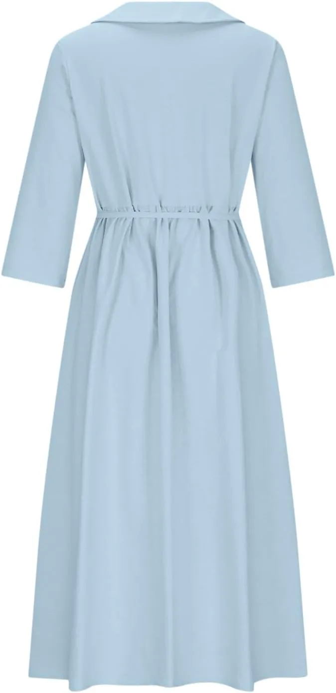 maisdgop Maxi Dresses for Women 2025 Casual Boho Solid Color Cotton Linen Lace up Sundress Fashion Lapel Neck Flowy Dress