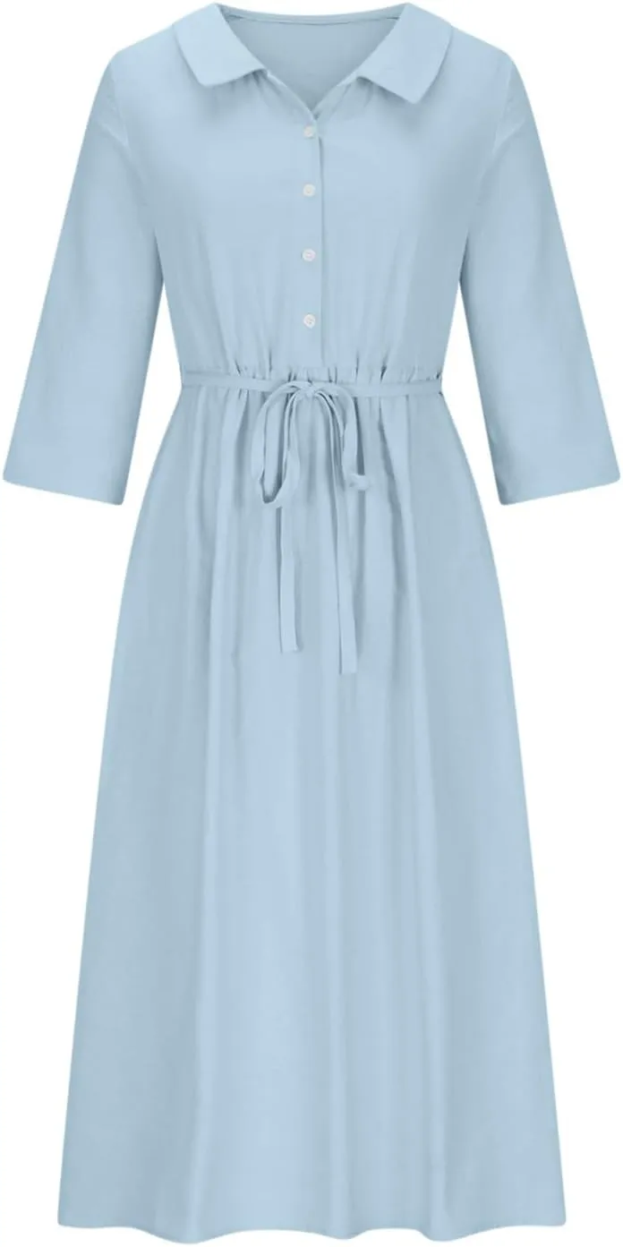 maisdgop Maxi Dresses for Women 2025 Casual Boho Solid Color Cotton Linen Lace up Sundress Fashion Lapel Neck Flowy Dress