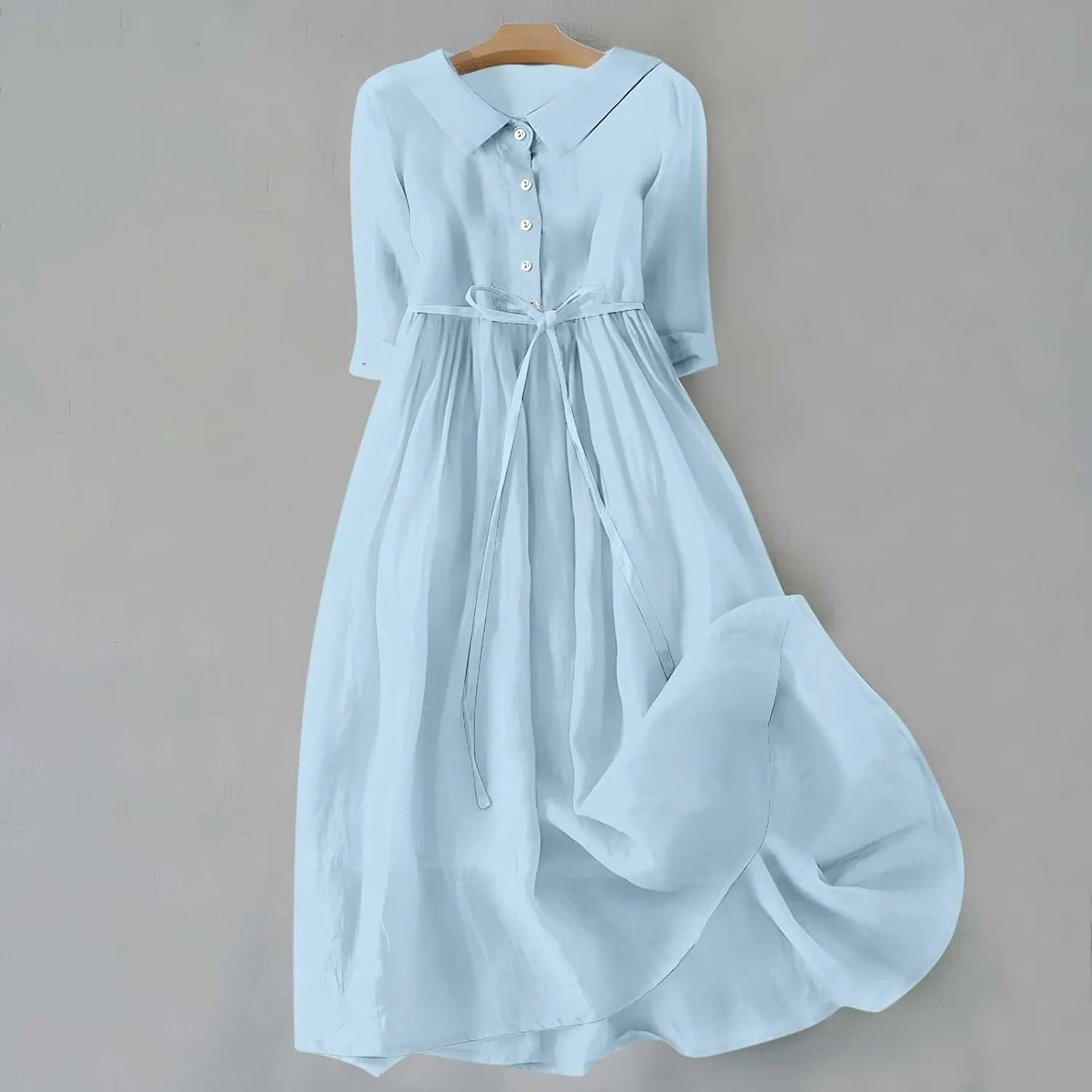 maisdgop Maxi Dresses for Women 2025 Casual Boho Solid Color Cotton Linen Lace up Sundress Fashion Lapel Neck Flowy Dress