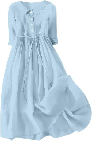 maisdgop Maxi Dresses for Women 2025 Casual Boho Solid Color Cotton Linen Lace up Sundress Fashion Lapel Neck Flowy Dress