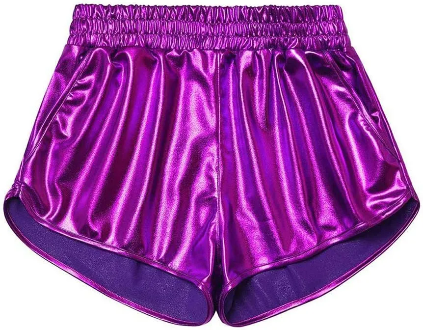 MAKARTHY Women's Metallic Shorts Elastic Waist Shiny Sparkly Rave Pants