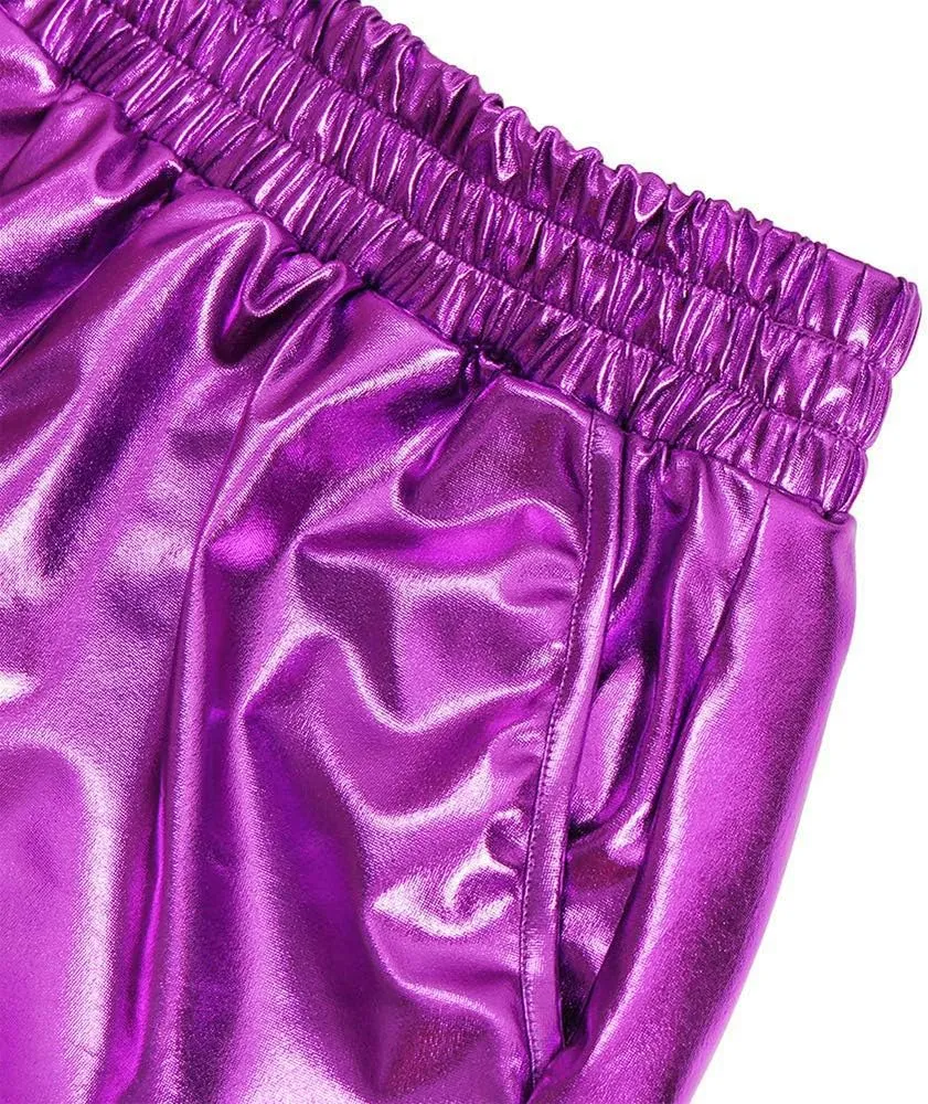 MAKARTHY Women's Metallic Shorts Elastic Waist Shiny Sparkly Rave Pants