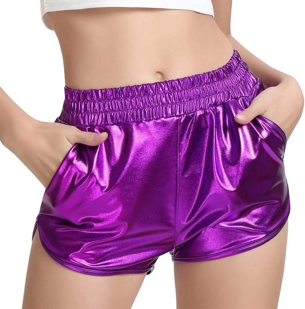 MAKARTHY Women's Metallic Shorts Elastic Waist Shiny Sparkly Rave Pants