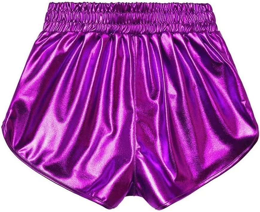 MAKARTHY Women's Metallic Shorts Elastic Waist Shiny Sparkly Rave Pants