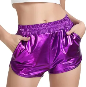 MAKARTHY Women's Metallic Shorts Elastic Waist Shiny Sparkly Rave Pants