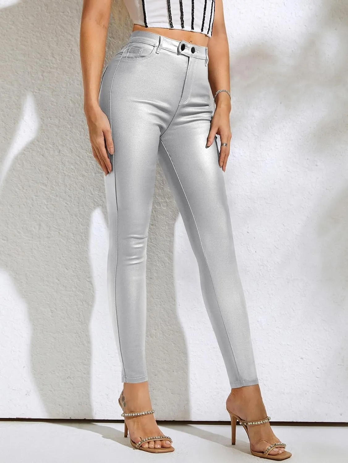MakeMeChic Women's Faux Leather Stretch Skinny Pants High Waisted Double Button PU Leather Leggings Pants