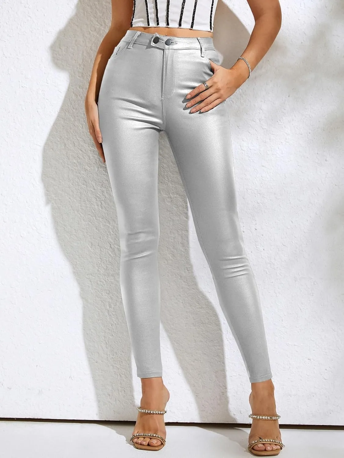 MakeMeChic Women's Faux Leather Stretch Skinny Pants High Waisted Double Button PU Leather Leggings Pants