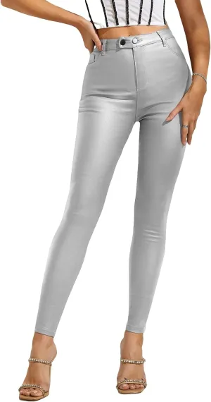 MakeMeChic Women's Faux Leather Stretch Skinny Pants High Waisted Double Button PU Leather Leggings Pants