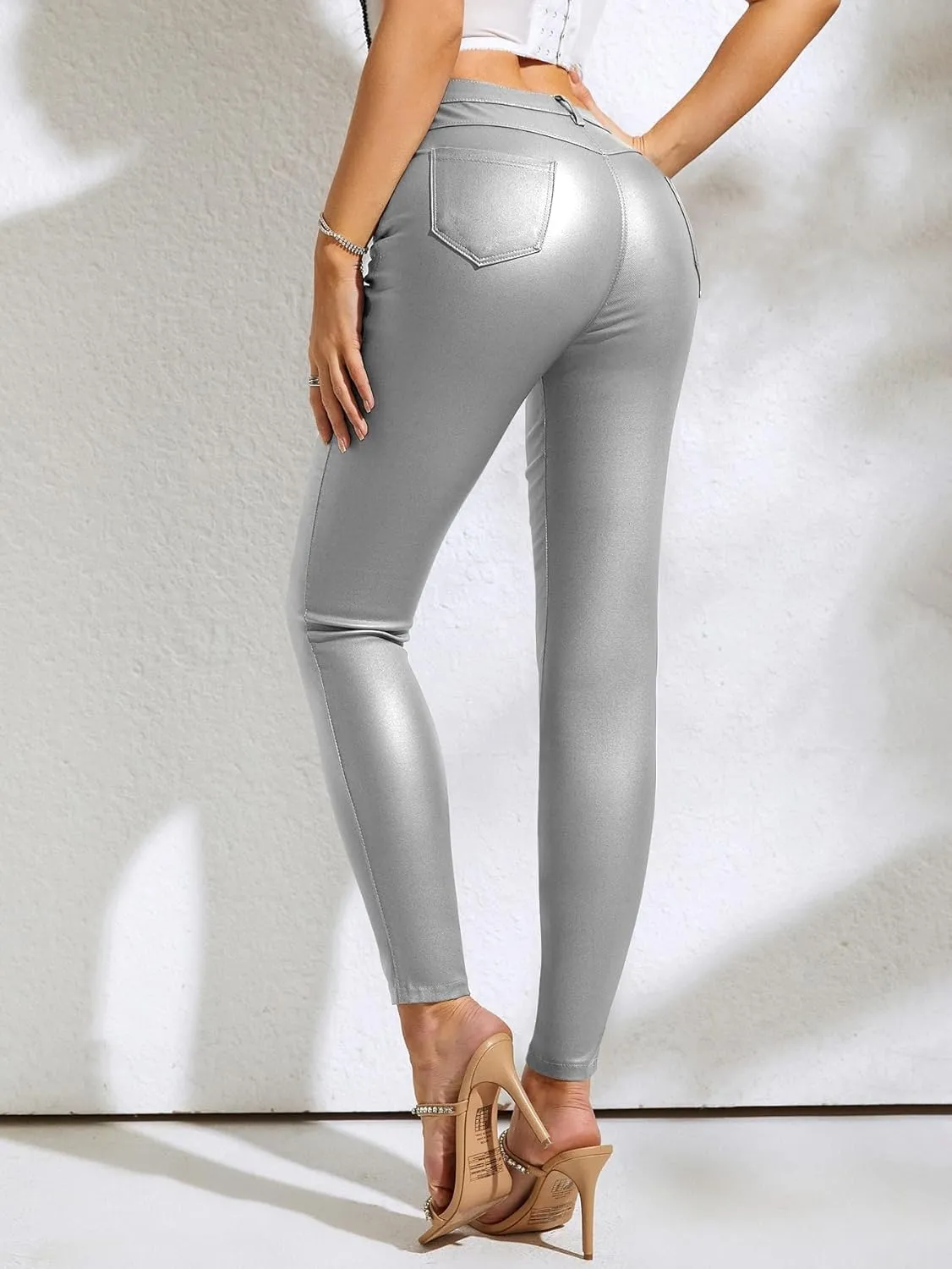 MakeMeChic Women's Faux Leather Stretch Skinny Pants High Waisted Double Button PU Leather Leggings Pants