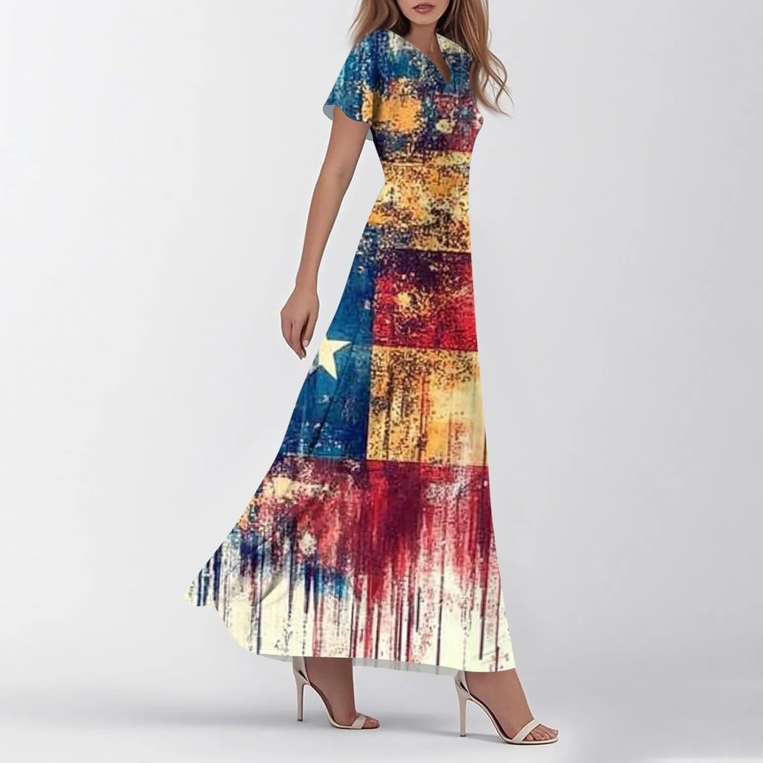 Maxi Dresses for Women 2025 Plus Size Chiffon Ruffle Flowy Swing Floral Dress Short Sleeve A Line Frocks