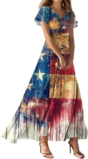 Maxi Dresses for Women 2025 Plus Size Chiffon Ruffle Flowy Swing Floral Dress Short Sleeve A Line Frocks
