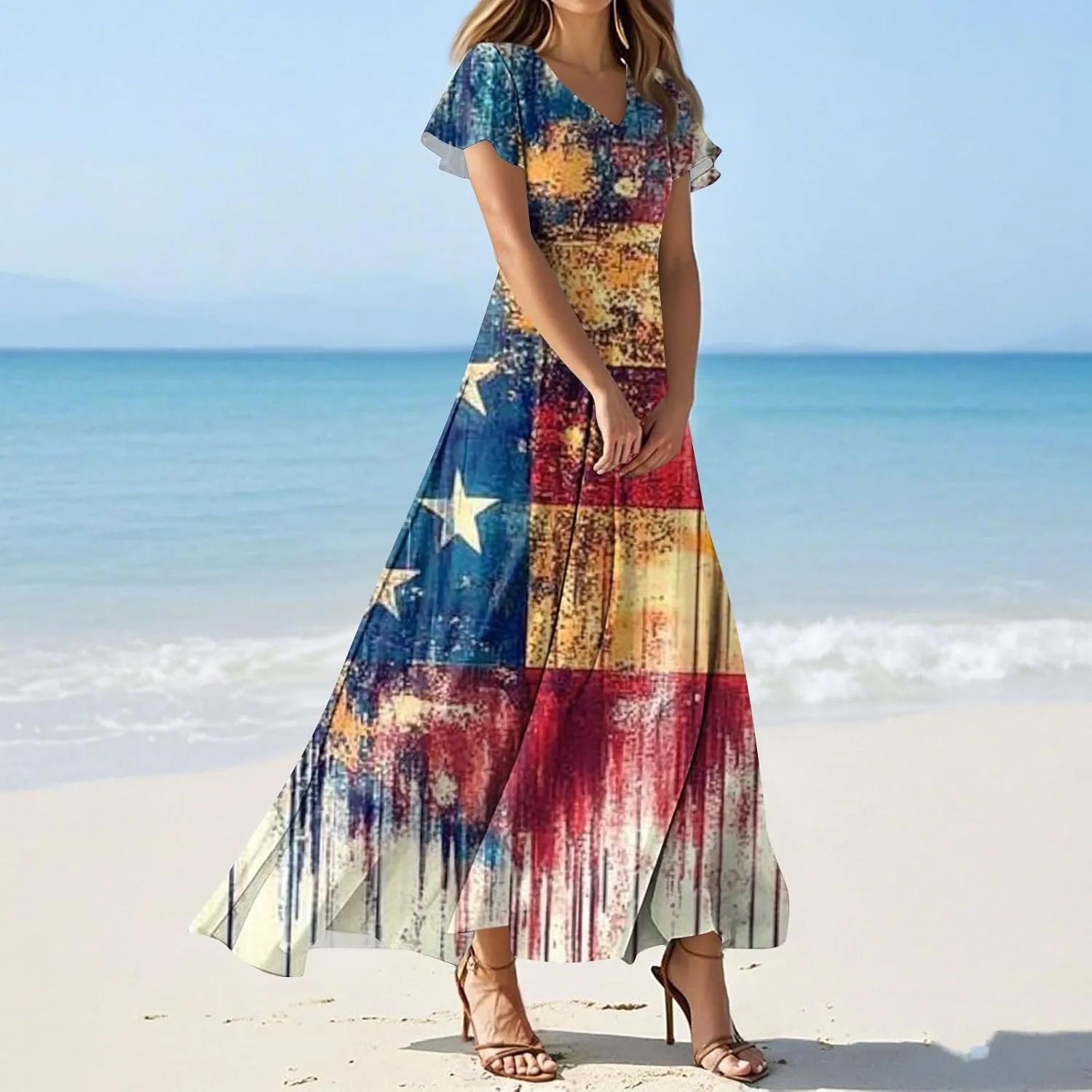 Maxi Dresses for Women 2025 Plus Size Chiffon Ruffle Flowy Swing Floral Dress Short Sleeve A Line Frocks