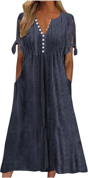 Maxi Long Dresses for Women 2025 Trendy Eyelet Dress Short Sleeve Tshirt Dress Casual Summer Beach Vacation Sundress