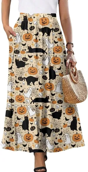 Maxi Skirt for Women Flowy High Waisted Casual Long Skirt Comfy Swing Party Skirts with Pockets Size S-2XL