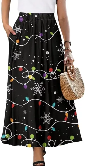 Maxi Skirt for Women Flowy High Waisted Casual Long Skirt Comfy Swing Party Skirts with Pockets Size S-2XL
