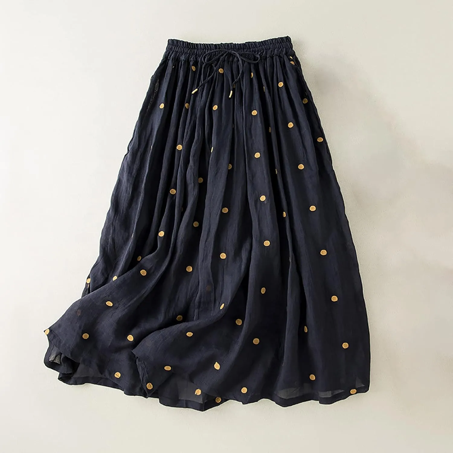 Maxi Skirts for Women Elegant Polka Dot Floral Boho Skirt Cotton Linen A-Line Swing Pleated Midi Long Skirt