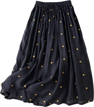 Maxi Skirts for Women Elegant Polka Dot Floral Boho Skirt Cotton Linen A-Line Swing Pleated Midi Long Skirt