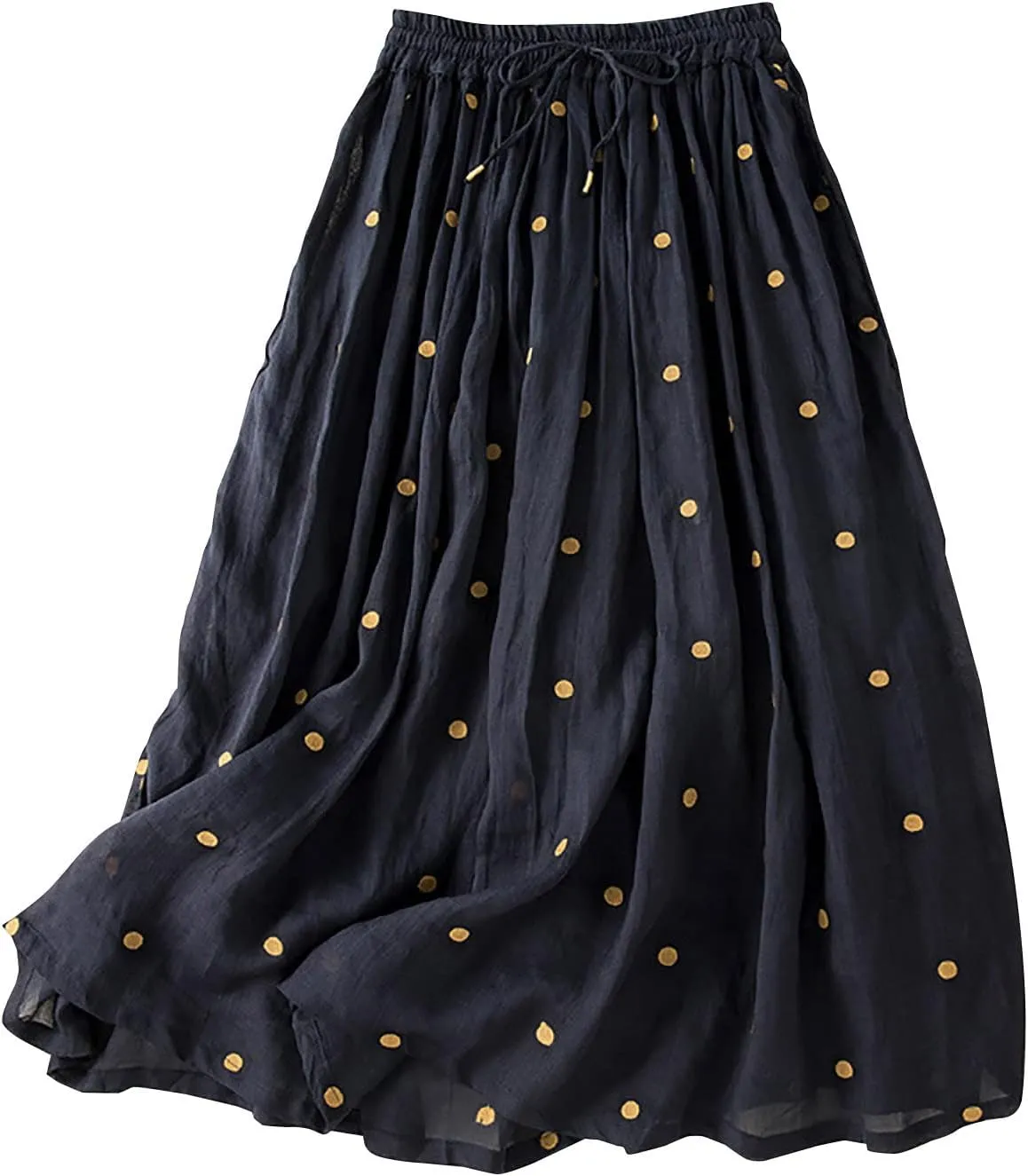 Maxi Skirts for Women Elegant Polka Dot Floral Boho Skirt Cotton Linen A-Line Swing Pleated Midi Long Skirt
