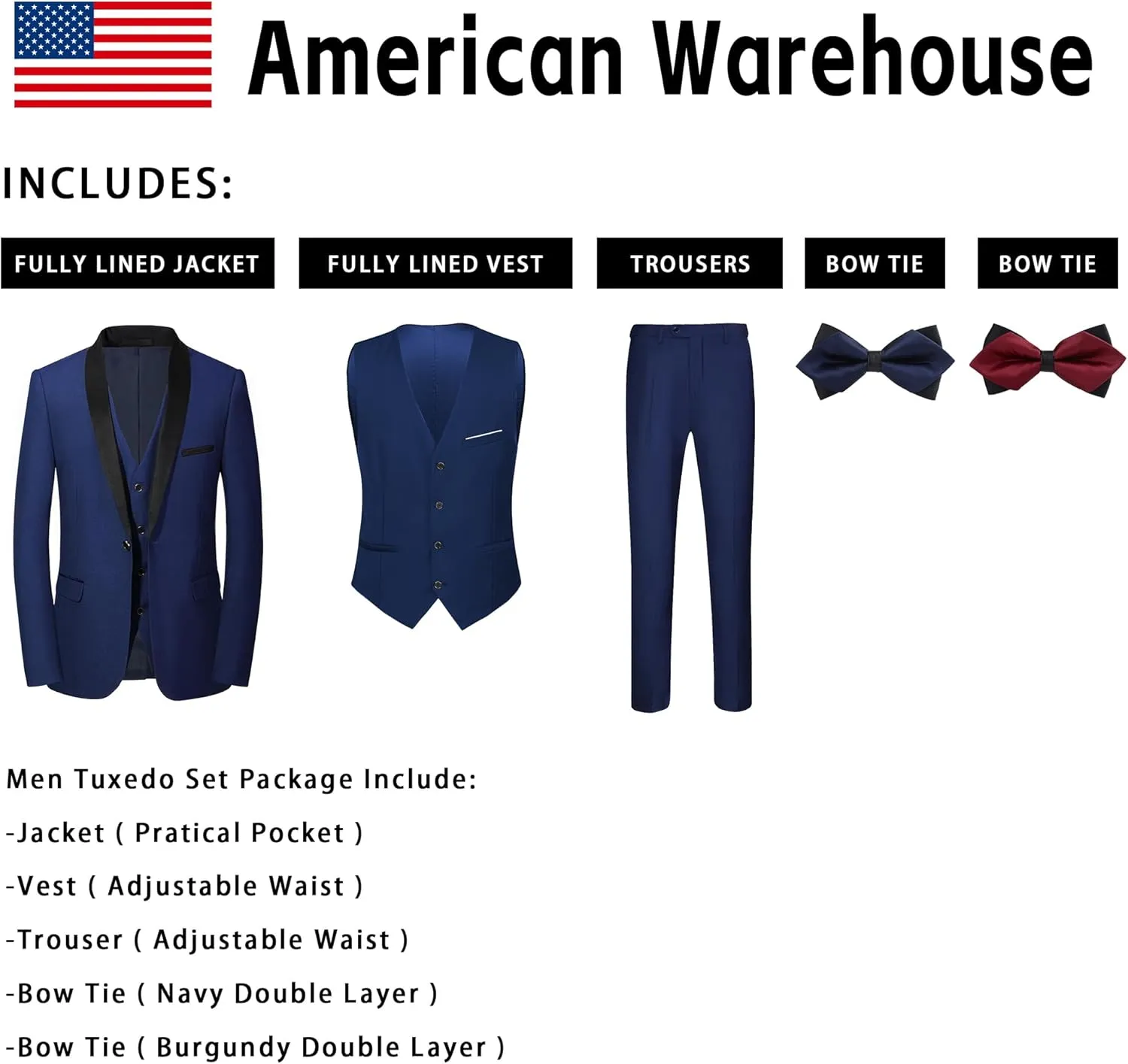 Men Suits Slim Fit 3 Pieces Sets Tuxedo Blazer Vest Pants Shawl Lapel Bow Ties for Prom Party Wedding Business Dinner