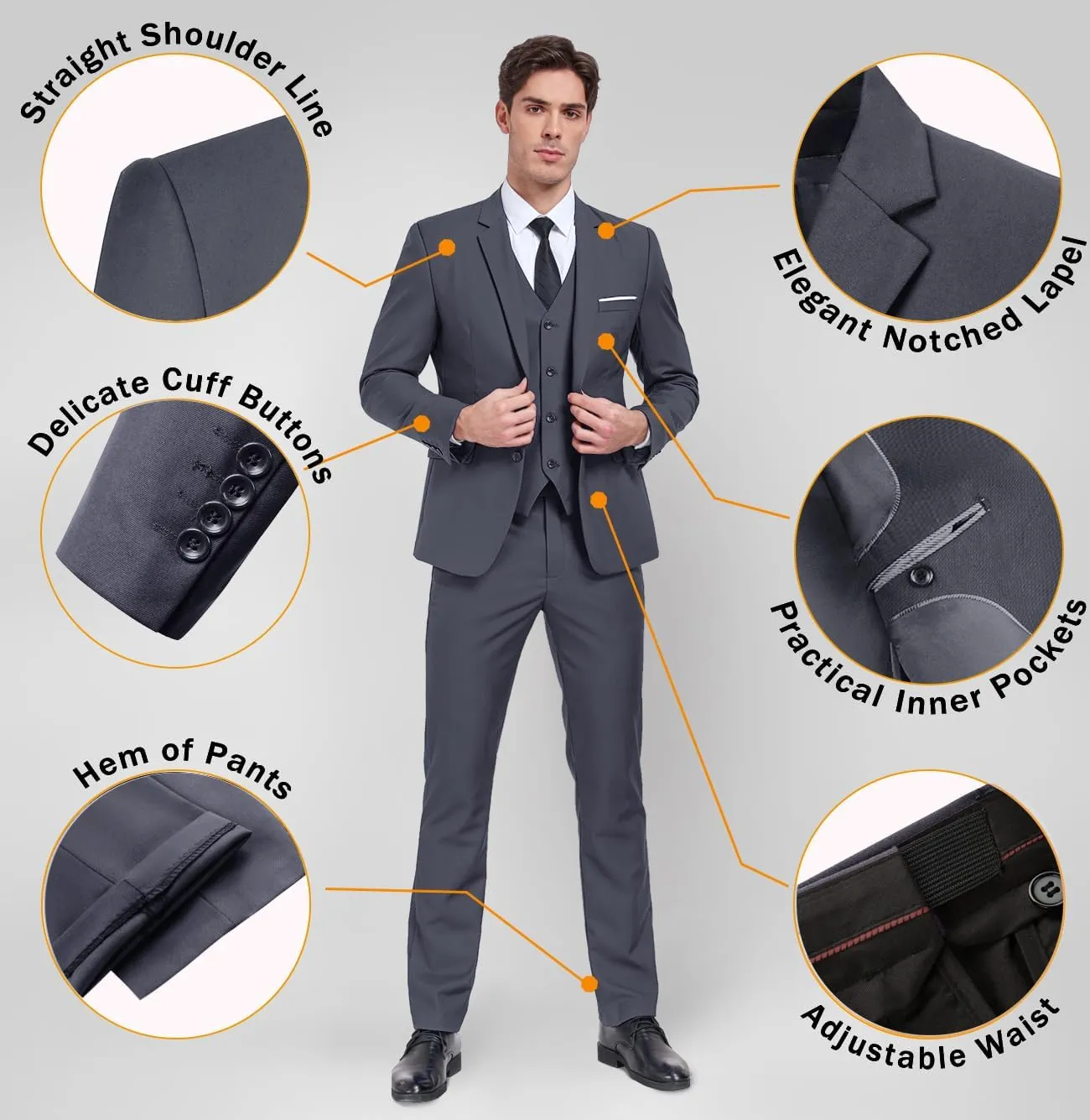 Mens 3 Piece Slim Fit Suit Set, 2 Button Solid Blazer Jacket Vest Pants Business Tuxedo