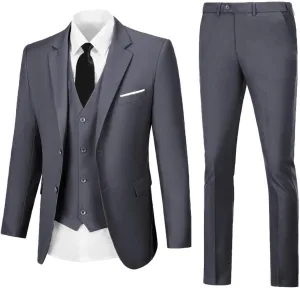 Mens 3 Piece Slim Fit Suit Set, 2 Button Solid Blazer Jacket Vest Pants Business Tuxedo