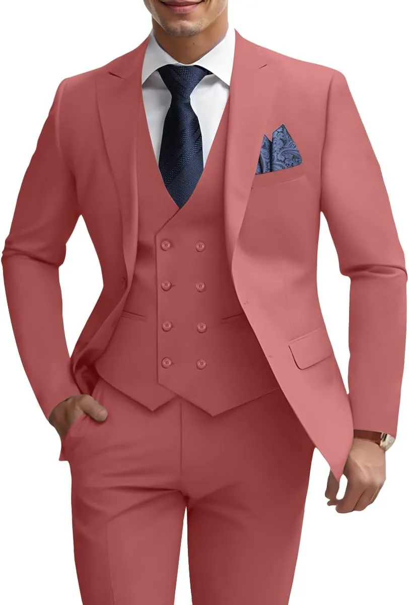 Mens 3 Piece Slim Fit Suit Set, Double Breasted Blazer Vest Pants Business Tuxedo Dress